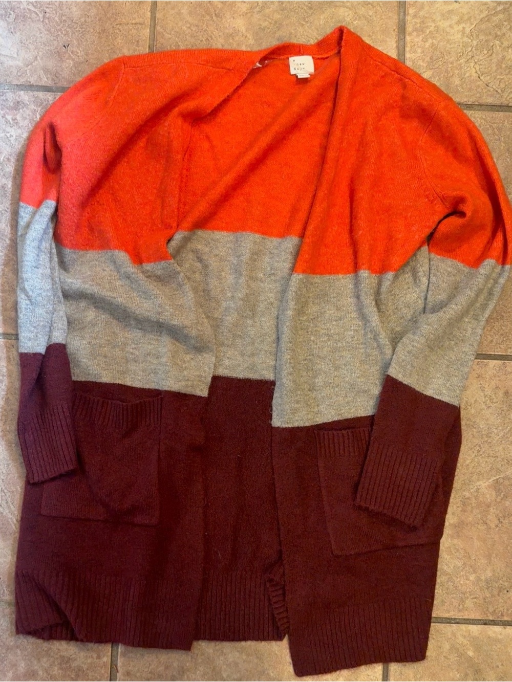 a new day Orange, Gray & Burgundy Open-Front Colorblock Cardigan